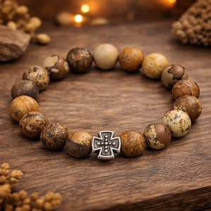Brățară Jasp – Piatră Semiprețioasă Naturală, Cruce Ortodoxă, Metanier de Rugăciune