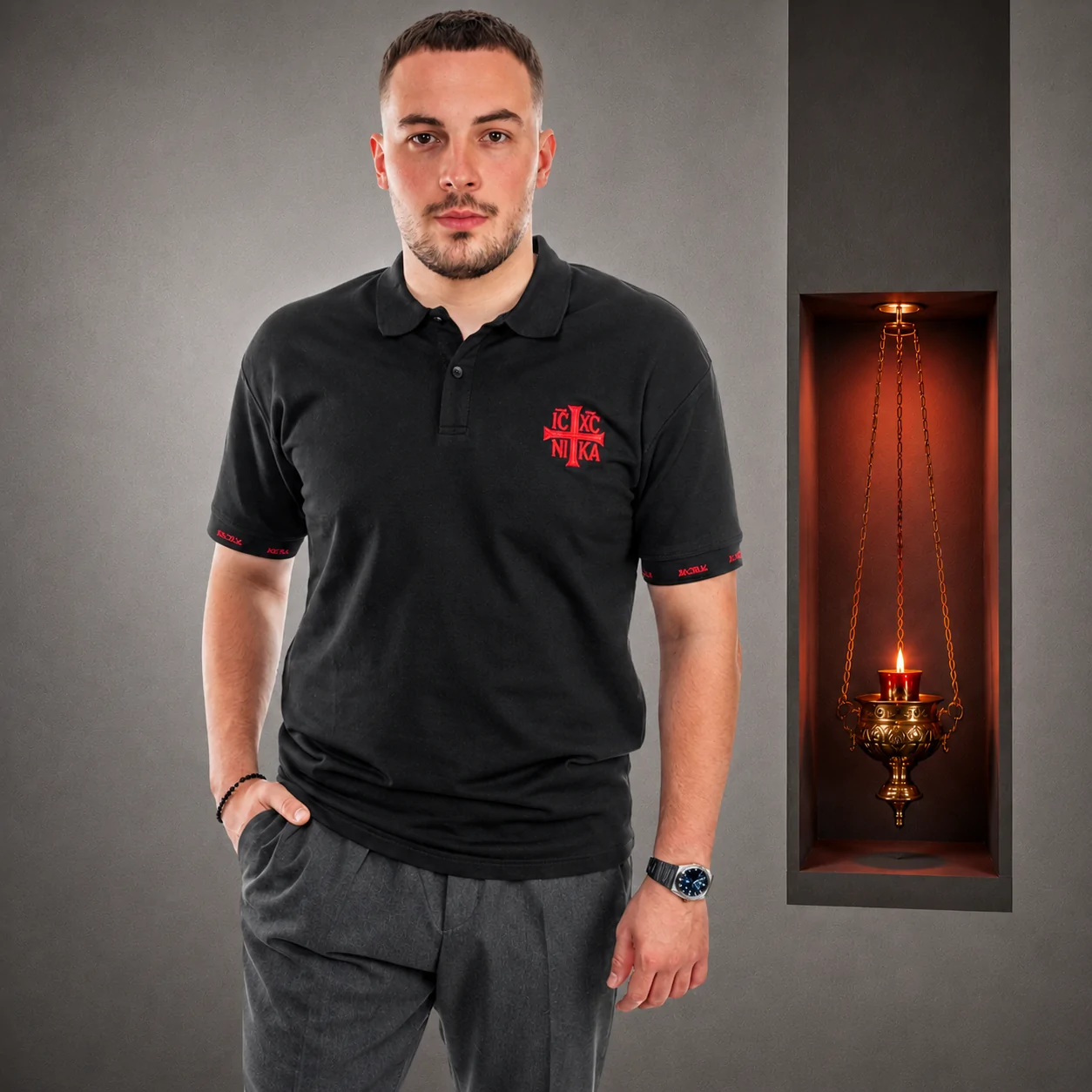 Tricou Polo Ortodox SACRAL | Brodat Iisus Hristos Biruitorul IC XC NI KA | Bumbac USA 240g