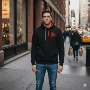 Hanorac SACRAL,Negru Rosu, Brodat Ortodox Religios cu Semnul Sfintei Cruci, IC XC NI KA, Bumbac Cerificat