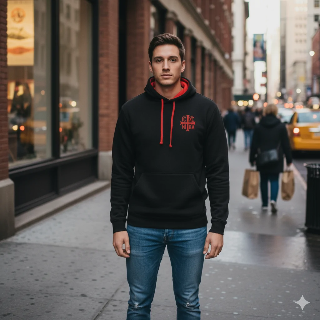 Hanorac SACRAL,Negru Rosu, Brodat Ortodox Religios cu Semnul Sfintei Cruci, IC XC NI KA, Bumbac Cerificat