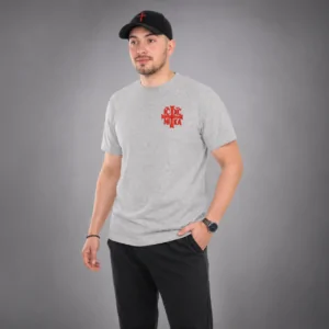 Tricou SACRAL Gri Brodat Ortodox Religios cu Semnul Sfintei Cruci IC XC NI KA, din Bumbac Premium