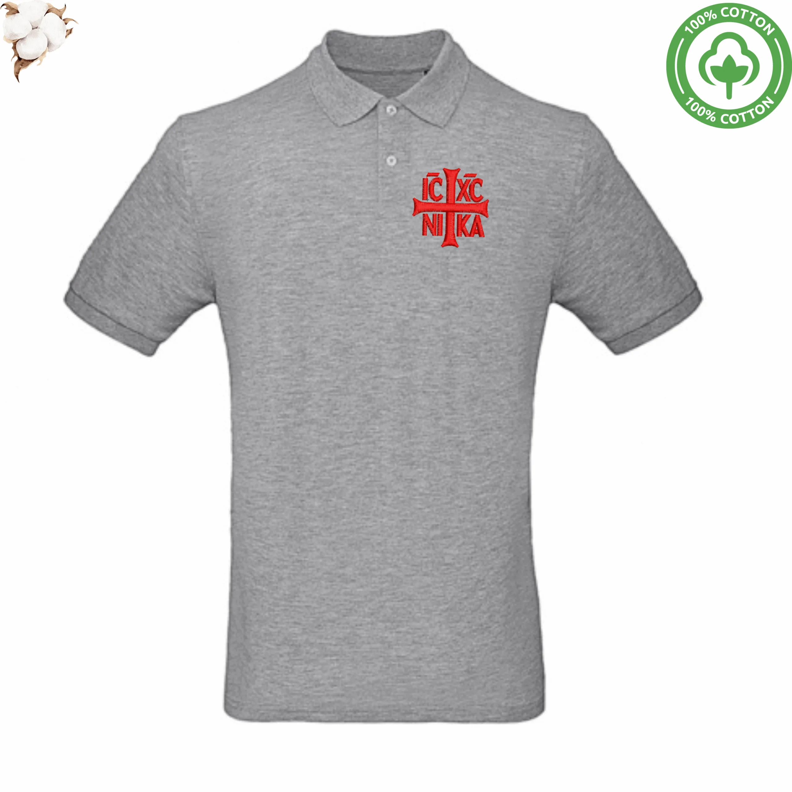 Tricou Polo SACRAL Gri Brodat Ortodox Religios cu Semnul Sfintei Cruci IC XC NI KA, din Bumbac Organic