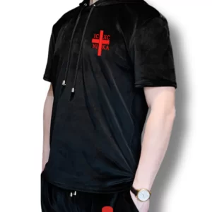 Tricou Sacral cu Glugă, Catifea Neagra, Brodat Ortodox Religios cu semnul Sfintei Cruci, IC XC NI KA, Luxury