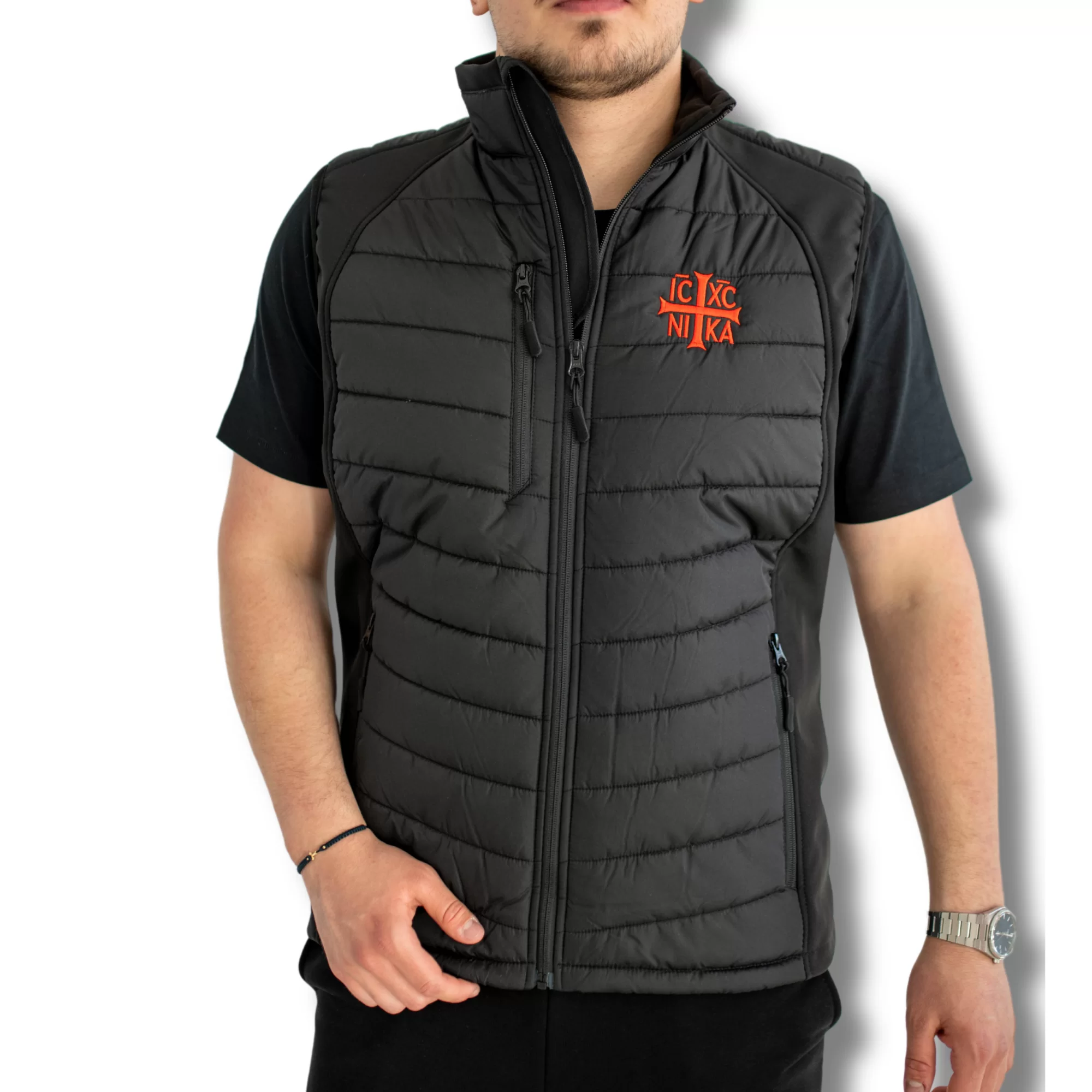 Vesta SACRAL, Neagra, Brodată Ortodox Religios cu Semnul Sfintei Cruci, IC XC NI KA, Impermeabil Antivant