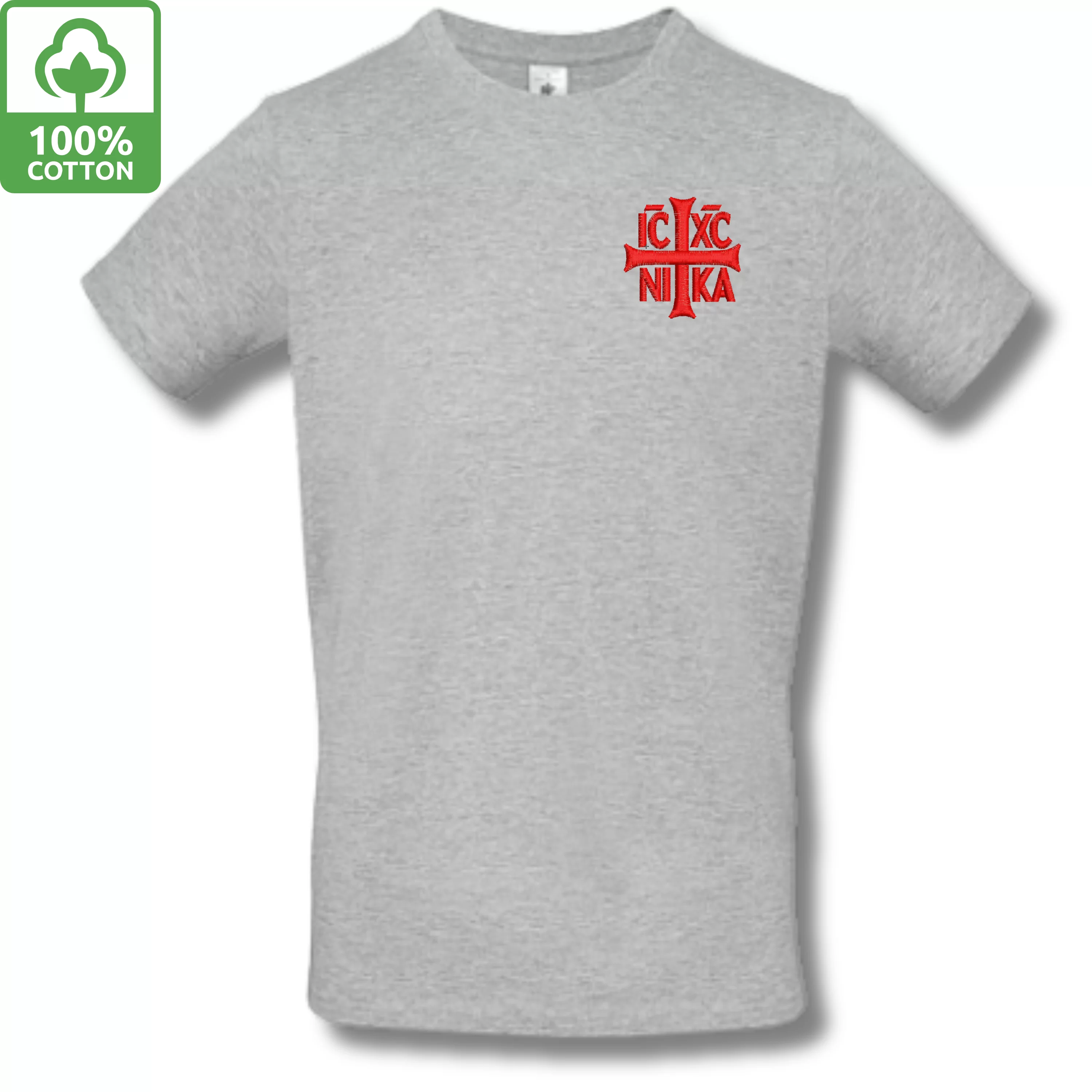 Tricou SACRAL Gri Brodat Ortodox Religios cu Semnul Sfintei Cruci IC XC NI KA, din Bumbac Premium