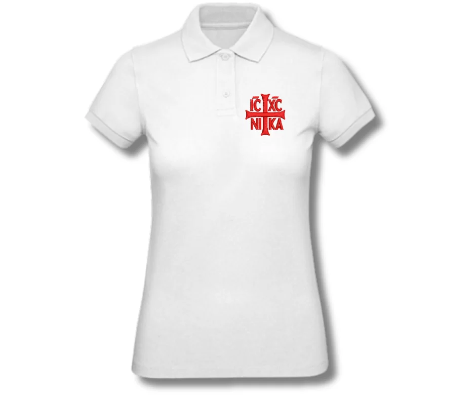 Tricou Damă Polo Alb/Rosu - Bumbac Organic -IC XC