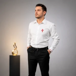 Cămașă Alba, Lux Business din Bumbac, Brodată- Nu Necesita Călcare