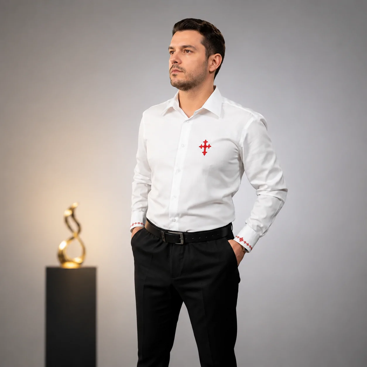 Cămașă Alba, Lux Business din Bumbac, Brodată- Nu Necesita Călcare