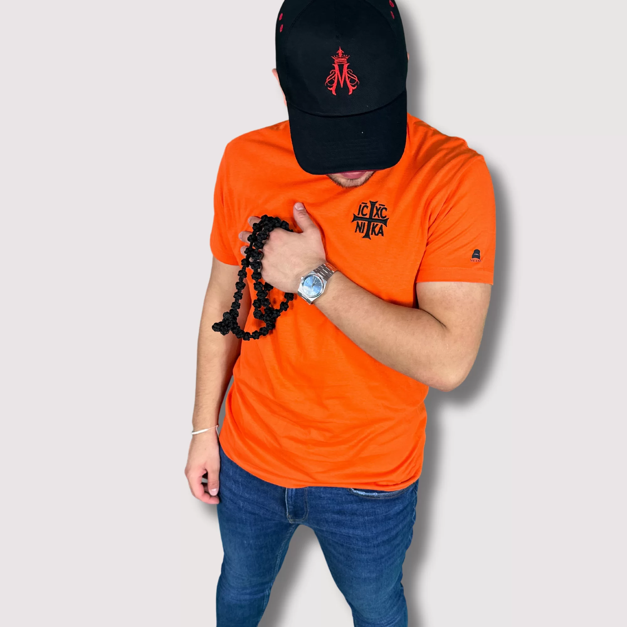 Tricou SACRAL Orange Brodat Ortodox Religios cu Semnul Sfintei Cruci IC XC NI KA, din Bumbac Premium