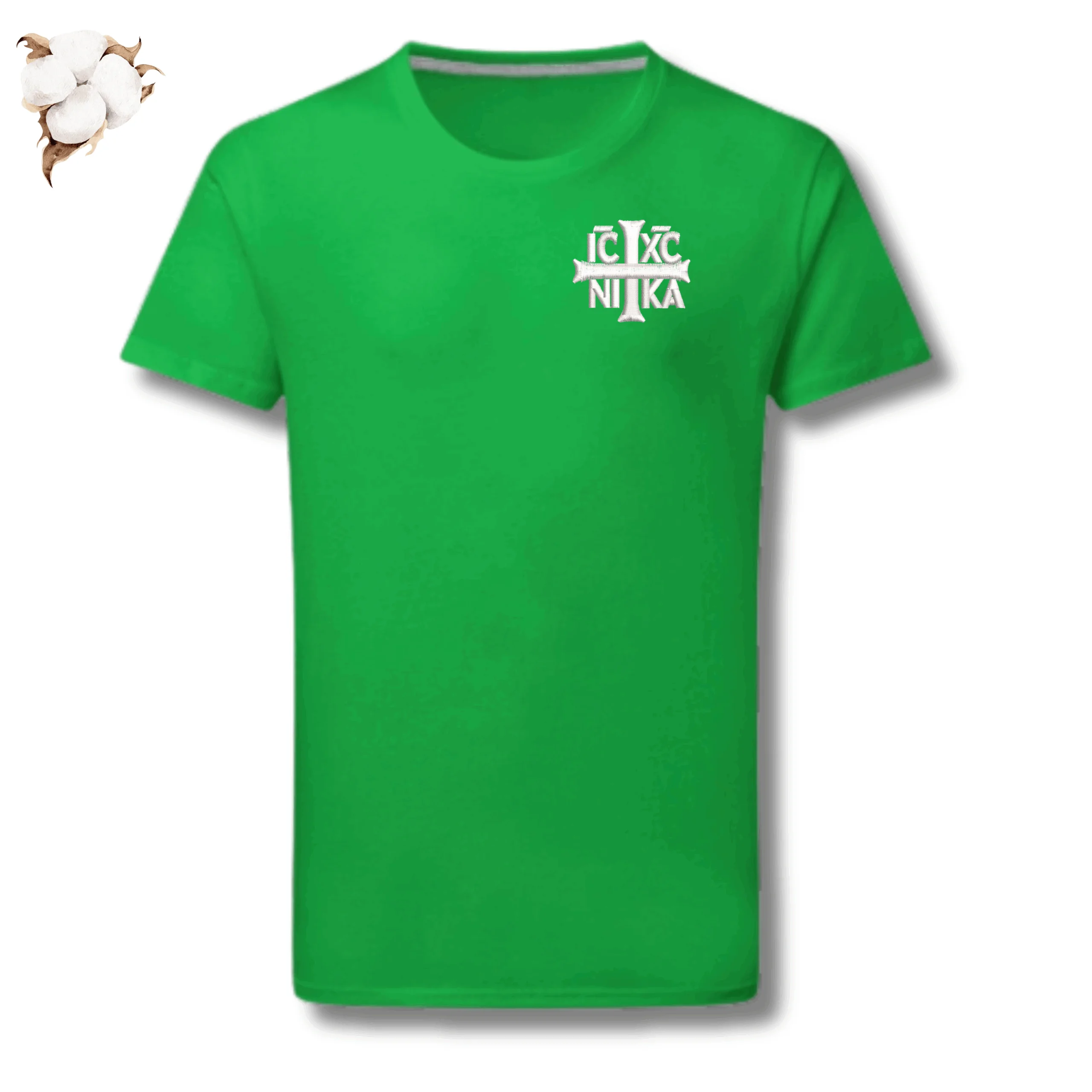 Tricou SACRAL Verde Brodat Ortodox Religios cu Semnul Sfintei Cruci IC XC NI KA, din Bumbac Premium