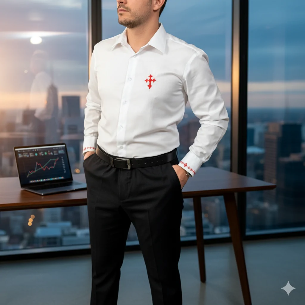 Camasa SACRAL Alba, Brodata Ortodoxa Religioasa cu Semnul Sfintei Cruci, Lux Business din Bumbac, Nu Necesita Calcare, Broderie pe Maneci