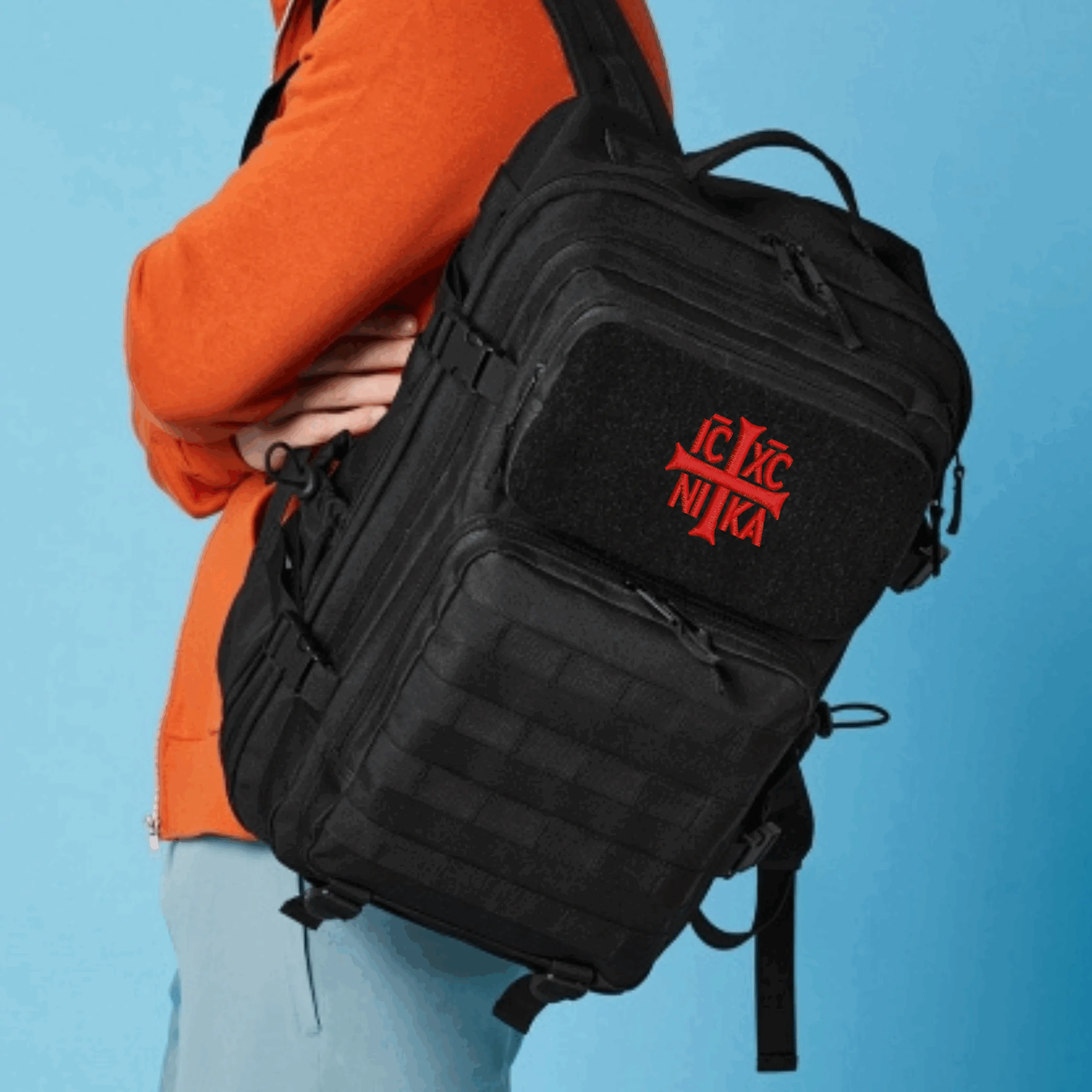 Rucsac Sacral Brodat Ortodox Religios cu Sfanta Cruce IC IX NI KA, Compartimentat -Pelerinaj - 35 Litri