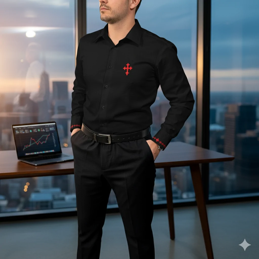 Camasa SACRAL Neagra, Brodata Ortodoxa Religioasa cu Semnul Sfintei Cruci, Lux Business din Bumbac, Nu Necesita Calcare, Broderie pe Maneci