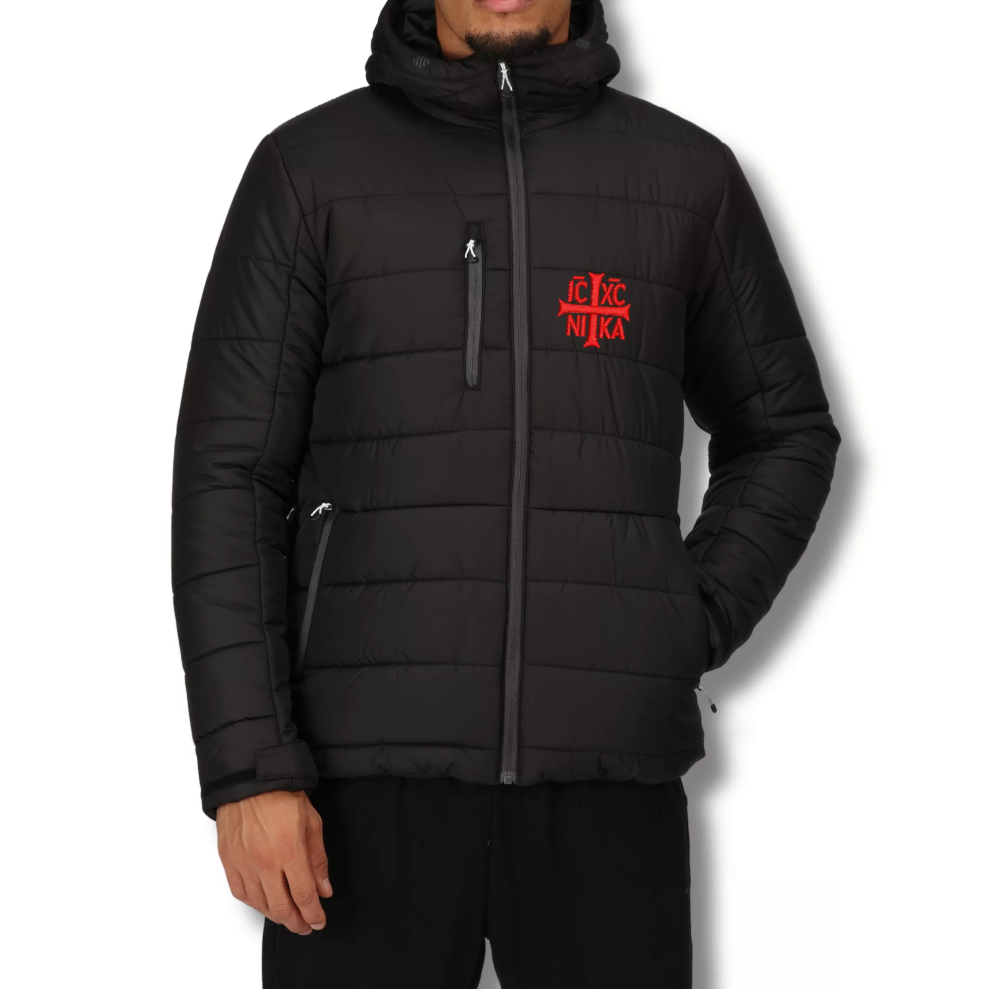 Geacă Neagra de Iarnă Izolatie WARMLOFT, Sacral Brodata Ortodox Religios cu Sfanta Cruce- Impermeabil