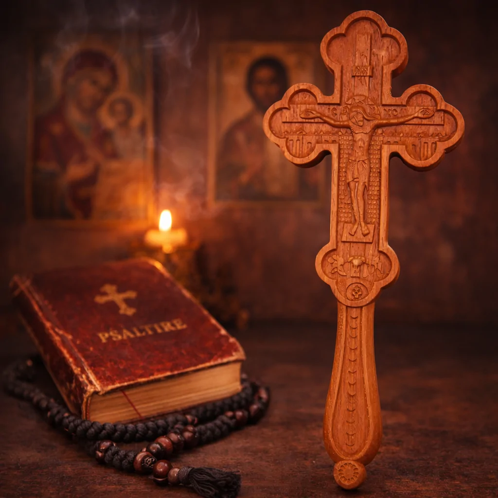 Cruce de Binecuvântare – lemn sculptat, două fețe – 18 cm