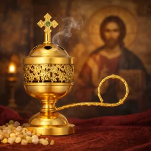 Cătuie metalică cu mâner și capac – pentru tămâiere